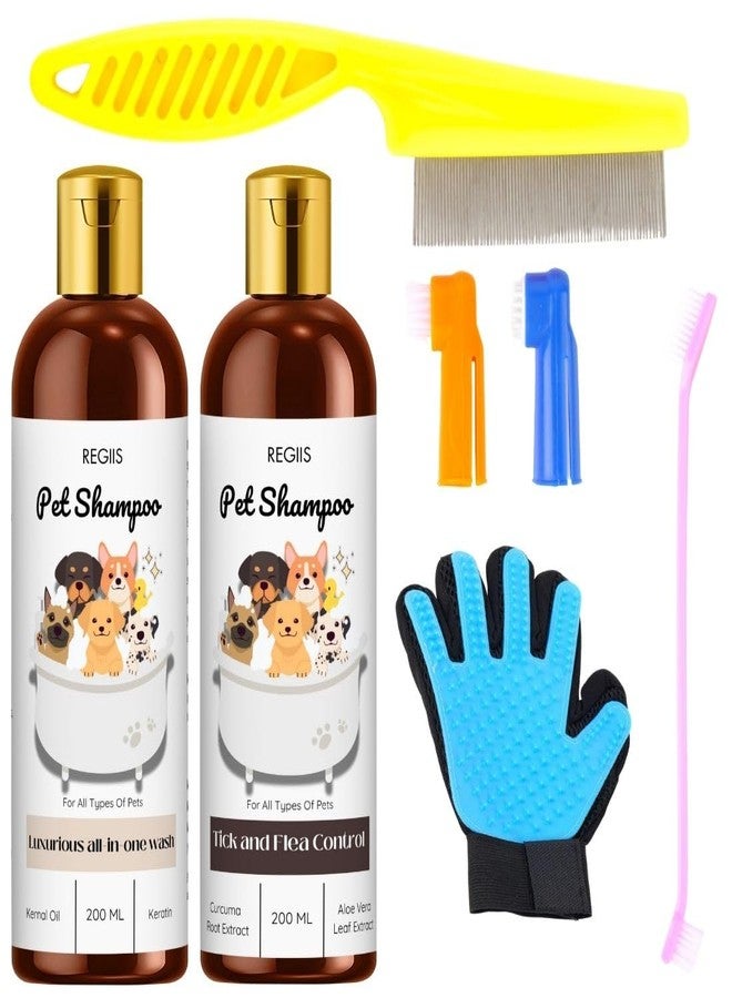 Regiis Pet Grooming Kit with Shampoo Set, Flea Control, Grooming Glove, Comb and Brushes, 200ml(PACK OF 5) - Image 1